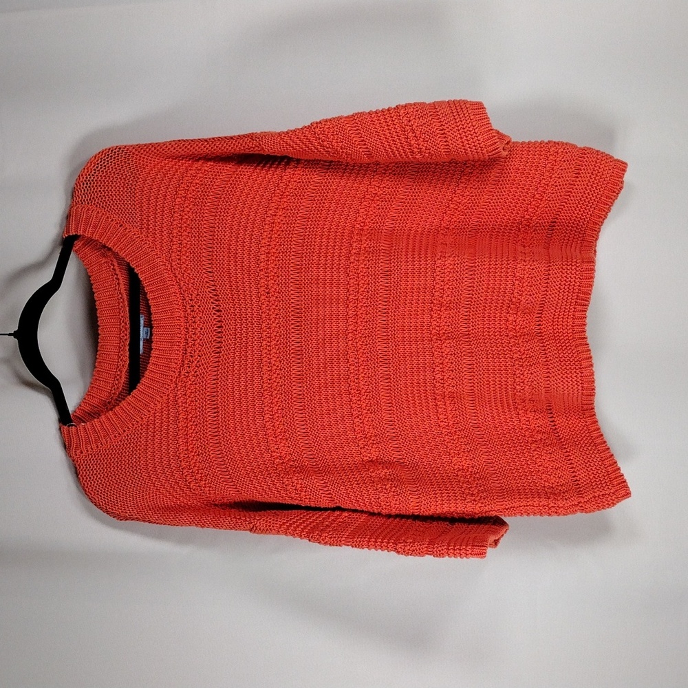 Joseph Allen Bright Coral Orange Red Cable Knit Retro Crew Neck Sweater